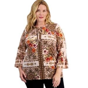 JM Collection Women's Plus Size Renaissance Romance Bell-Sleeve Top in Pink